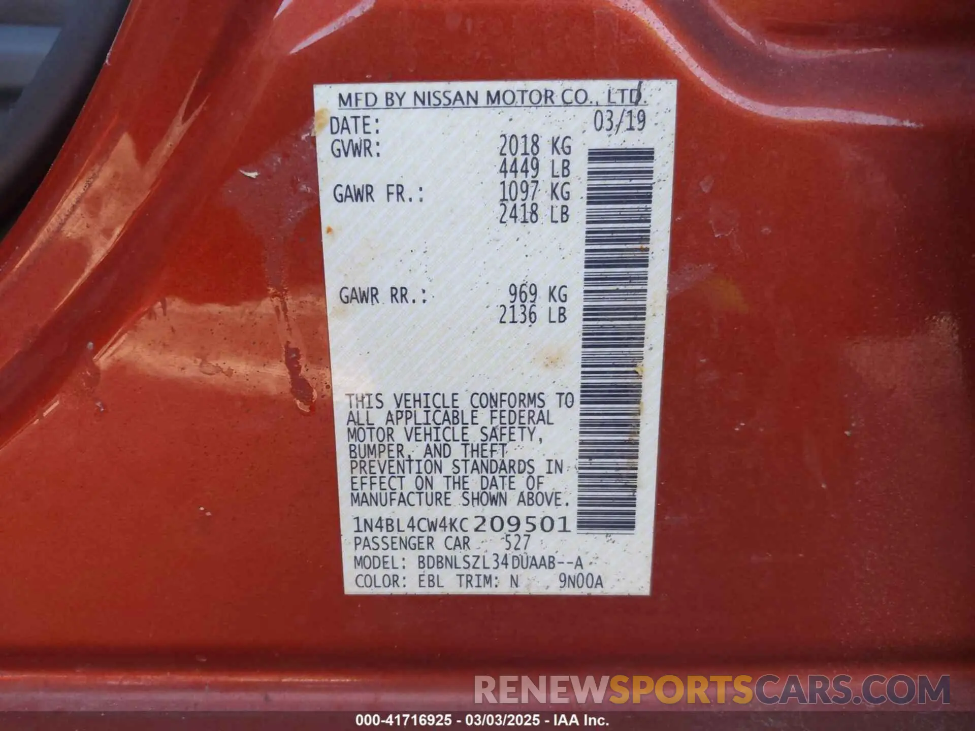9 Photograph of a damaged car 1N4BL4CW4KC209501 NISSAN ALTIMA 2019