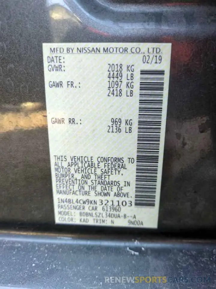 12 Photograph of a damaged car 1N4BL4CW9KN321103 NISSAN ALTIMA 2019