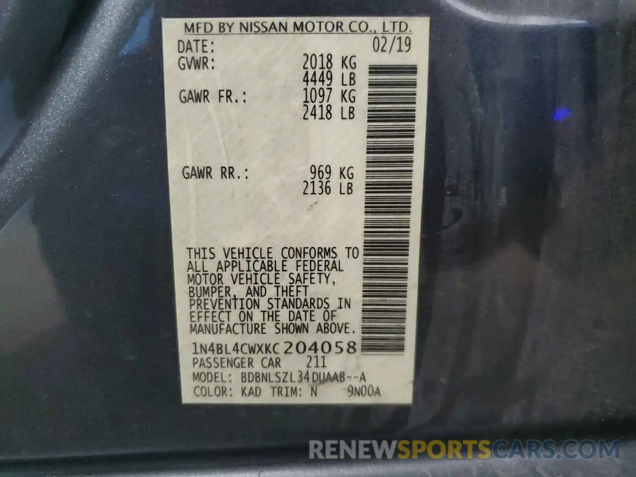 12 Фотография поврежденного автомобиля 1N4BL4CWXKC204058 NISSAN ALTIMA 2019