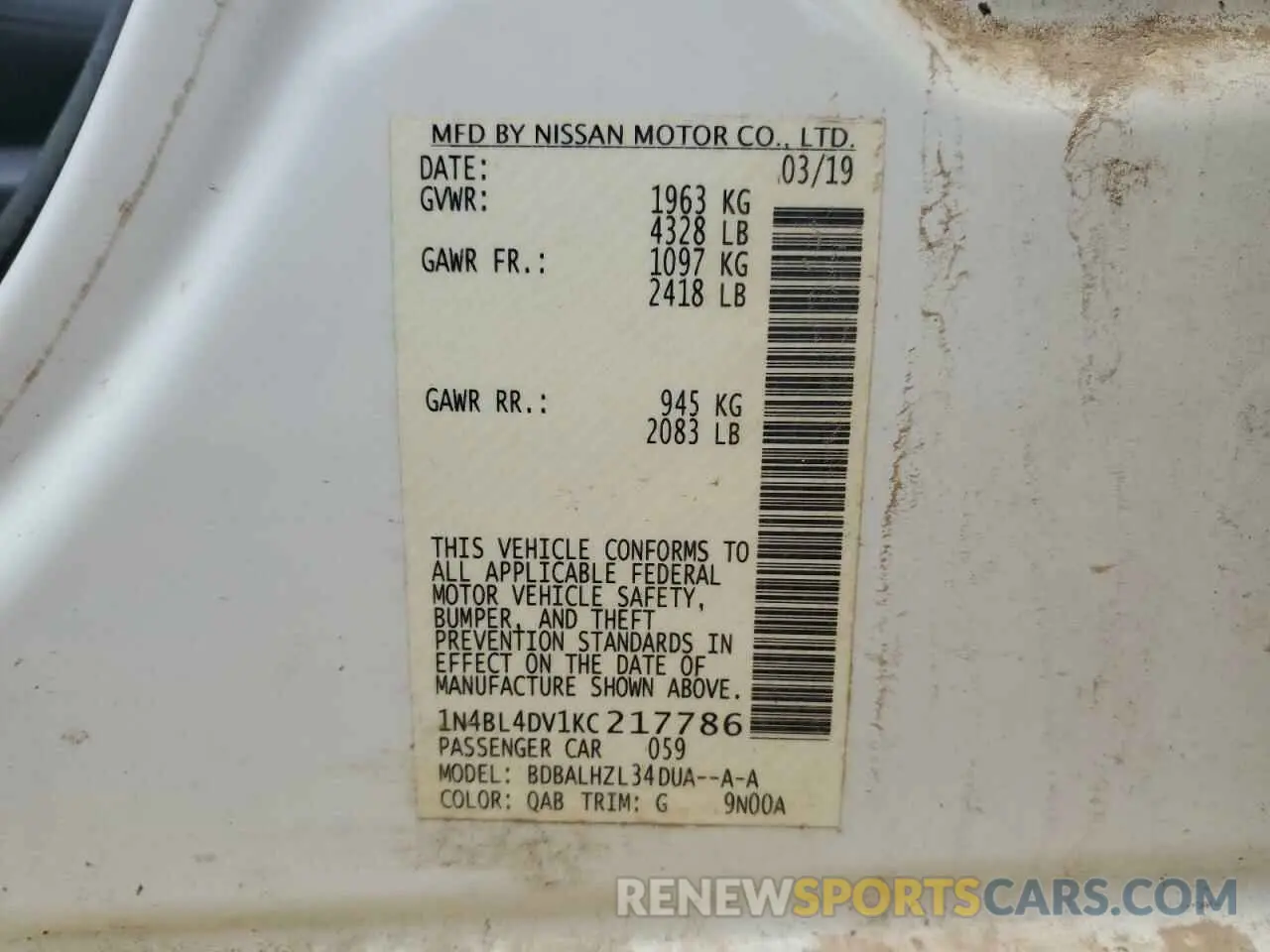 12 Photograph of a damaged car 1N4BL4DV1KC217786 NISSAN ALTIMA 2019