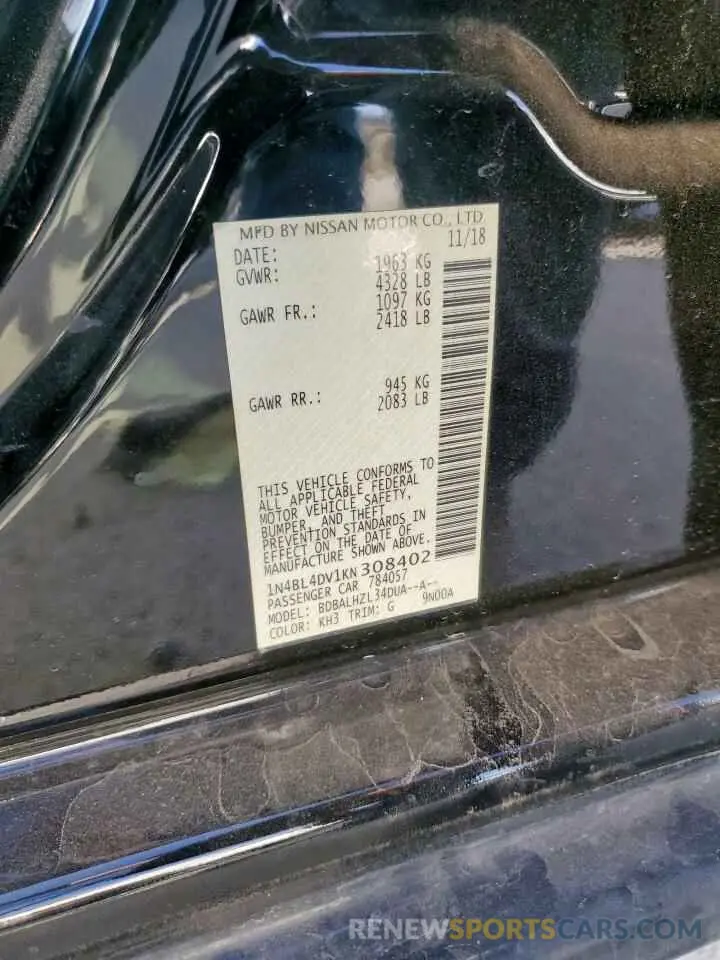 12 Photograph of a damaged car 1N4BL4DV1KN308402 NISSAN ALTIMA 2019