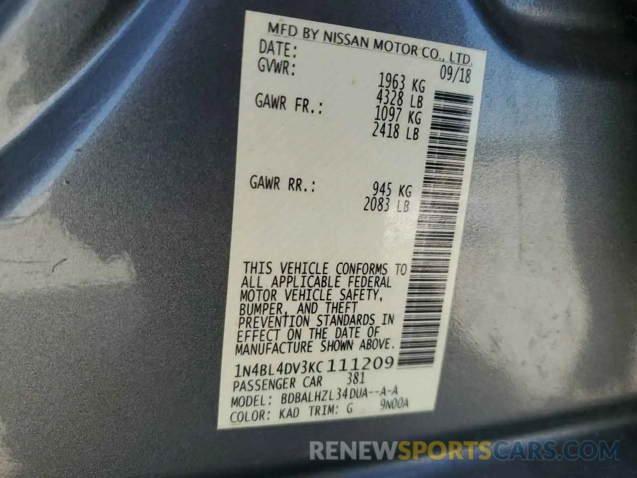 12 Фотография поврежденного автомобиля 1N4BL4DV3KC111209 NISSAN ALTIMA 2019
