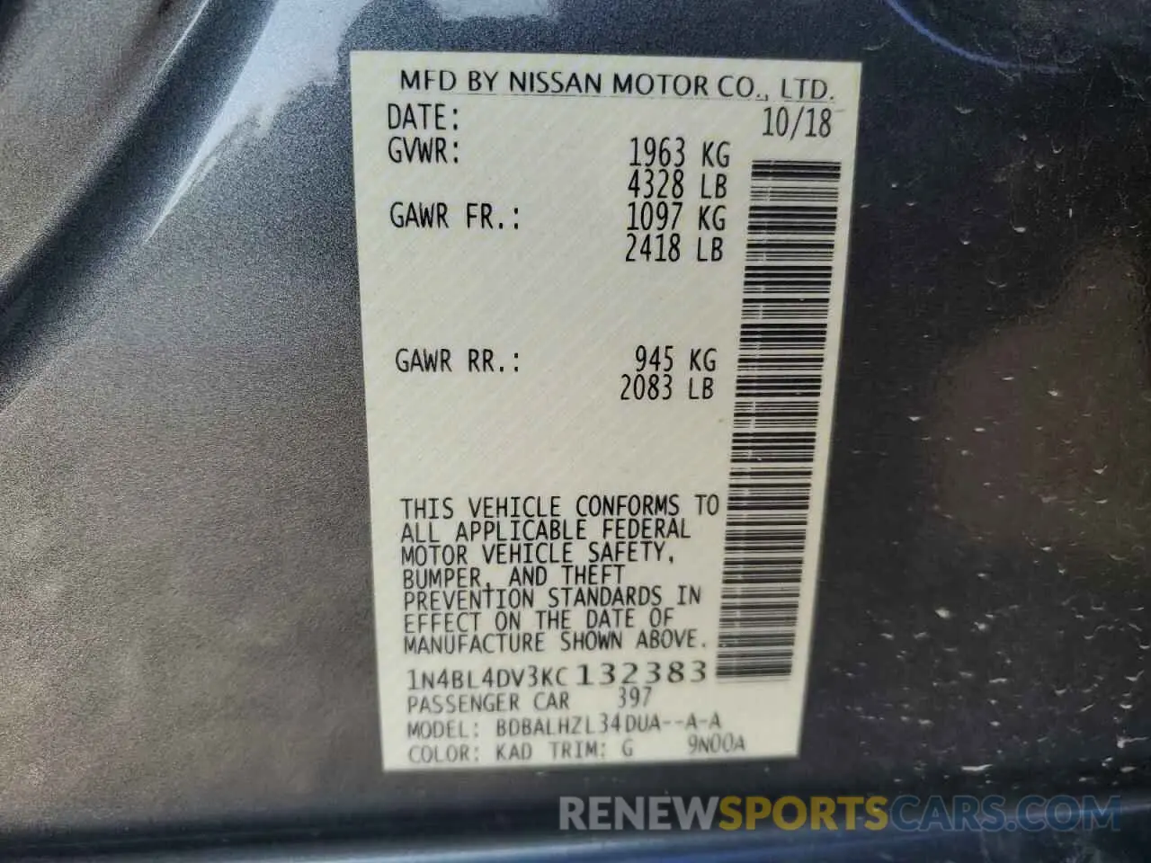 12 Фотография поврежденного автомобиля 1N4BL4DV3KC132383 NISSAN ALTIMA 2019