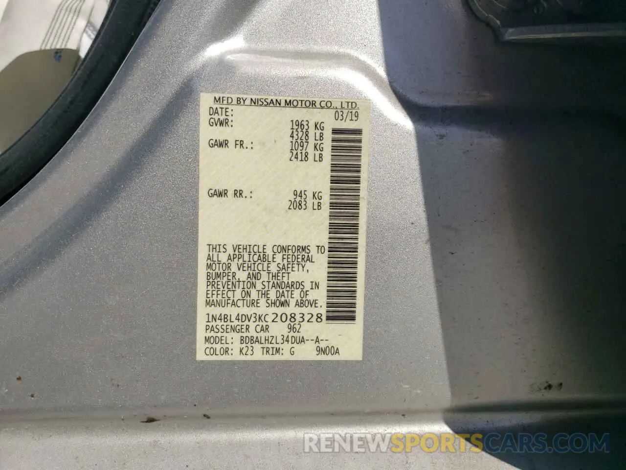 14 Photograph of a damaged car 1N4BL4DV3KC208328 NISSAN ALTIMA 2019