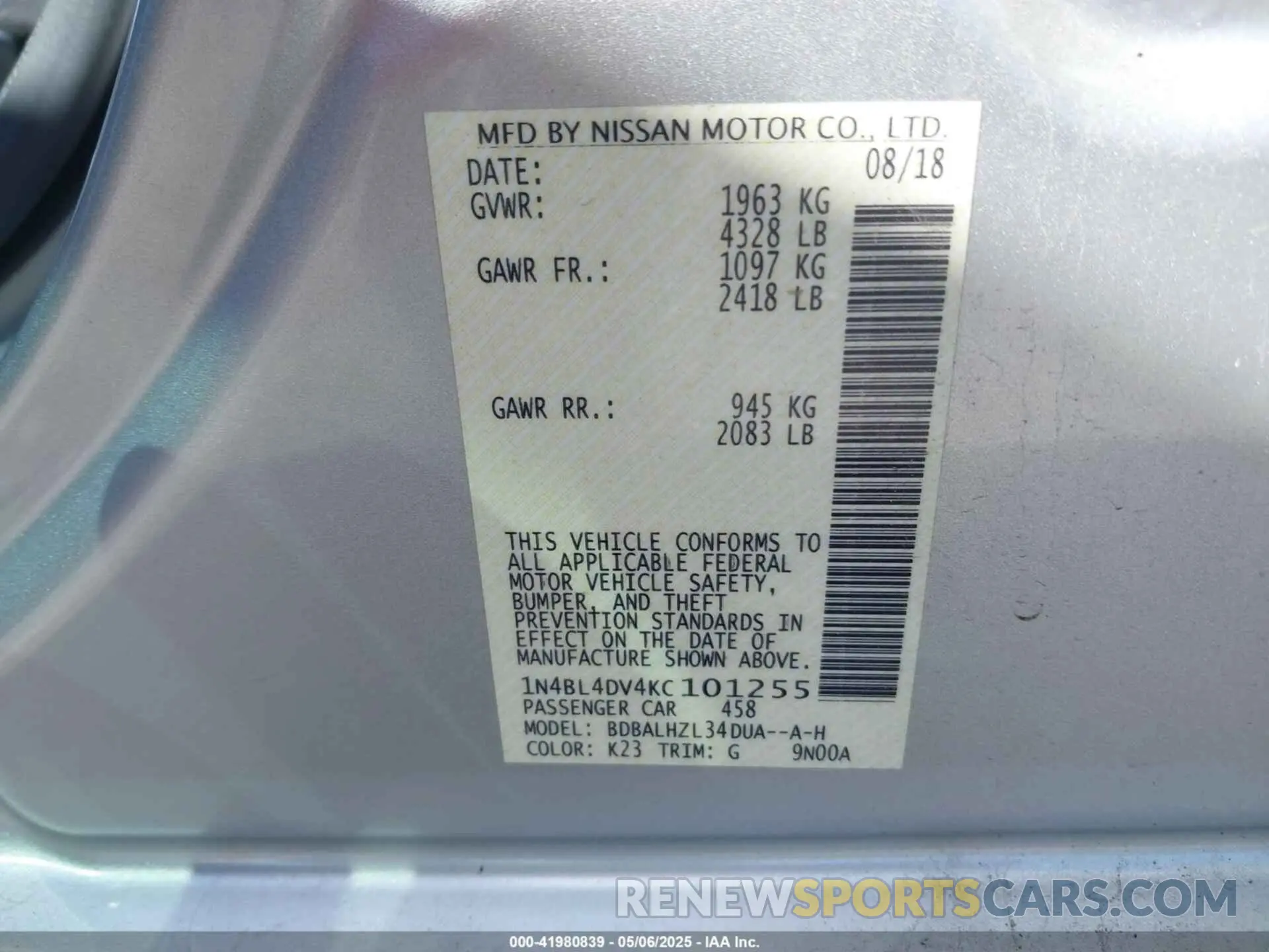 9 Photograph of a damaged car 1N4BL4DV4KC101255 NISSAN ALTIMA 2019