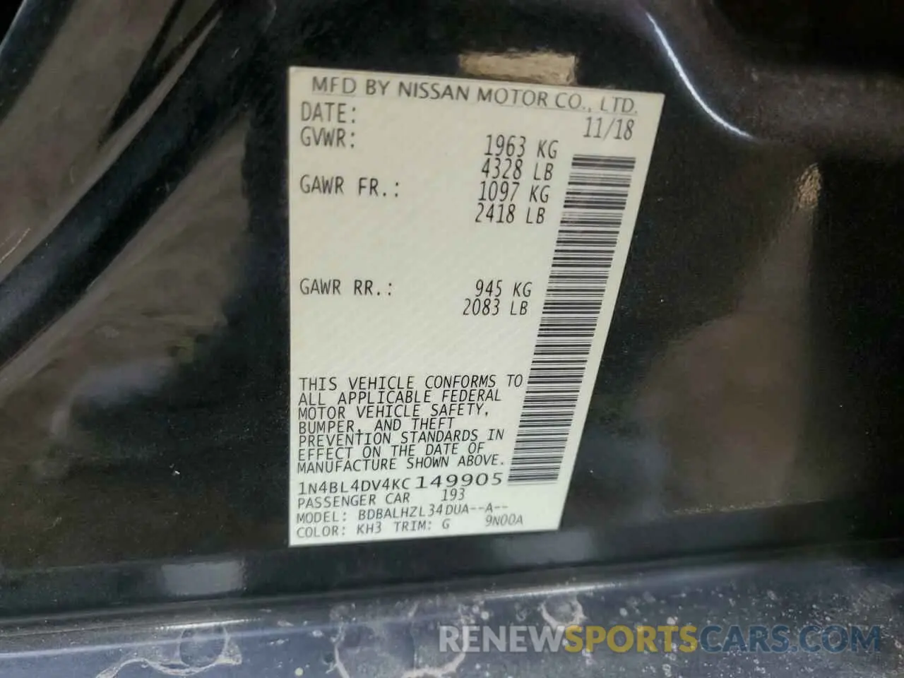 12 Photograph of a damaged car 1N4BL4DV4KC149905 NISSAN ALTIMA 2019