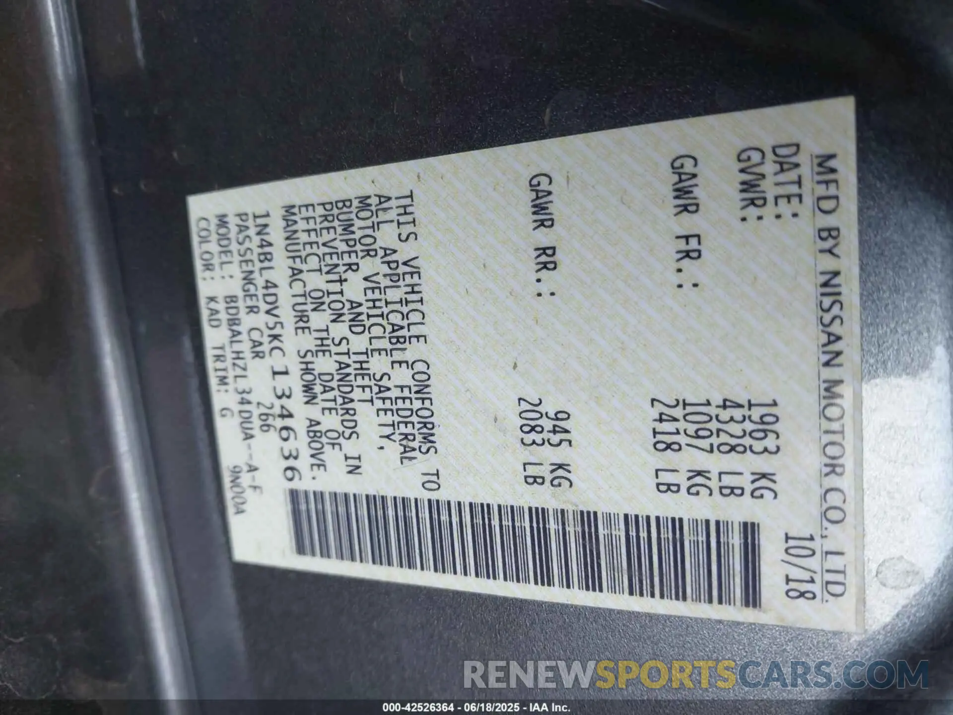 9 Photograph of a damaged car 1N4BL4DV5KC134636 NISSAN ALTIMA 2019