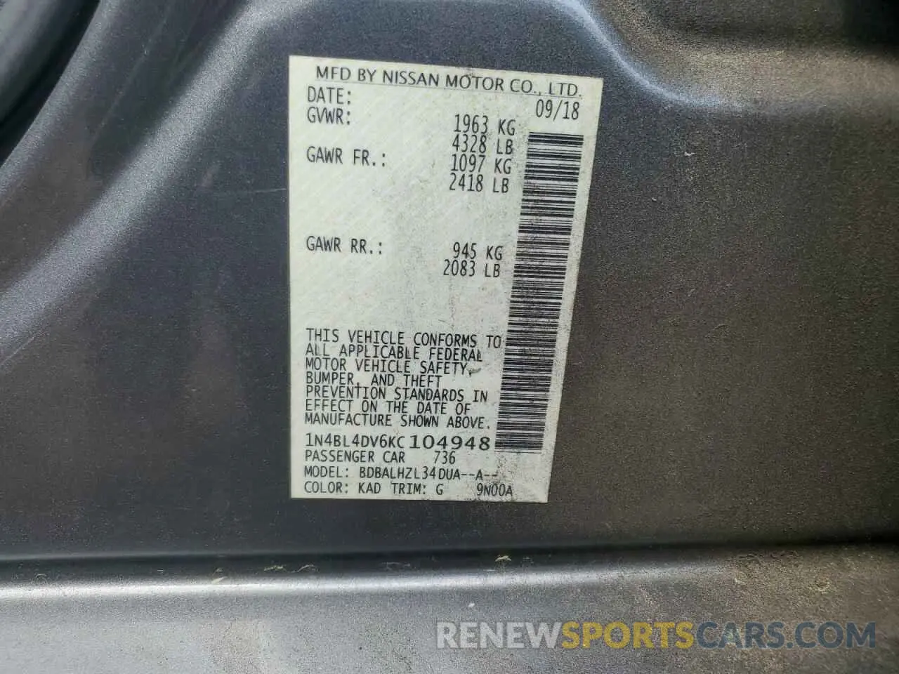 12 Photograph of a damaged car 1N4BL4DV6KC104948 NISSAN ALTIMA 2019