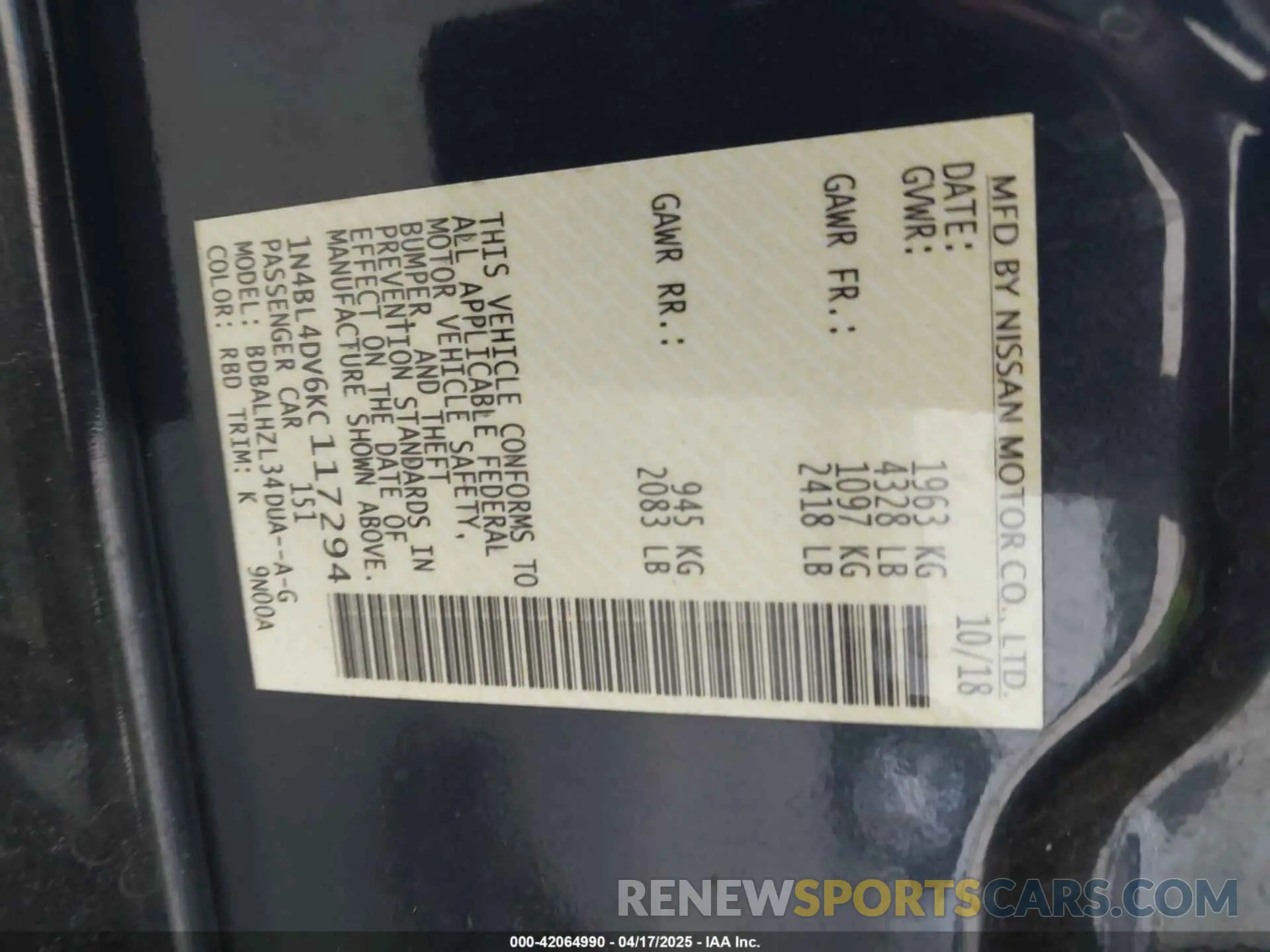 9 Фотография поврежденного автомобиля 1N4BL4DV6KC117294 NISSAN ALTIMA 2019