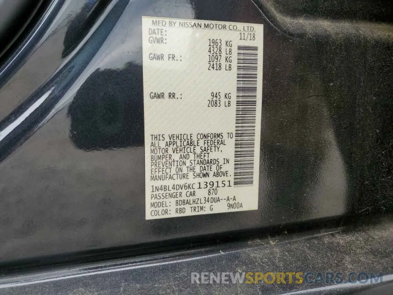 13 Photograph of a damaged car 1N4BL4DV6KC139151 NISSAN ALTIMA 2019
