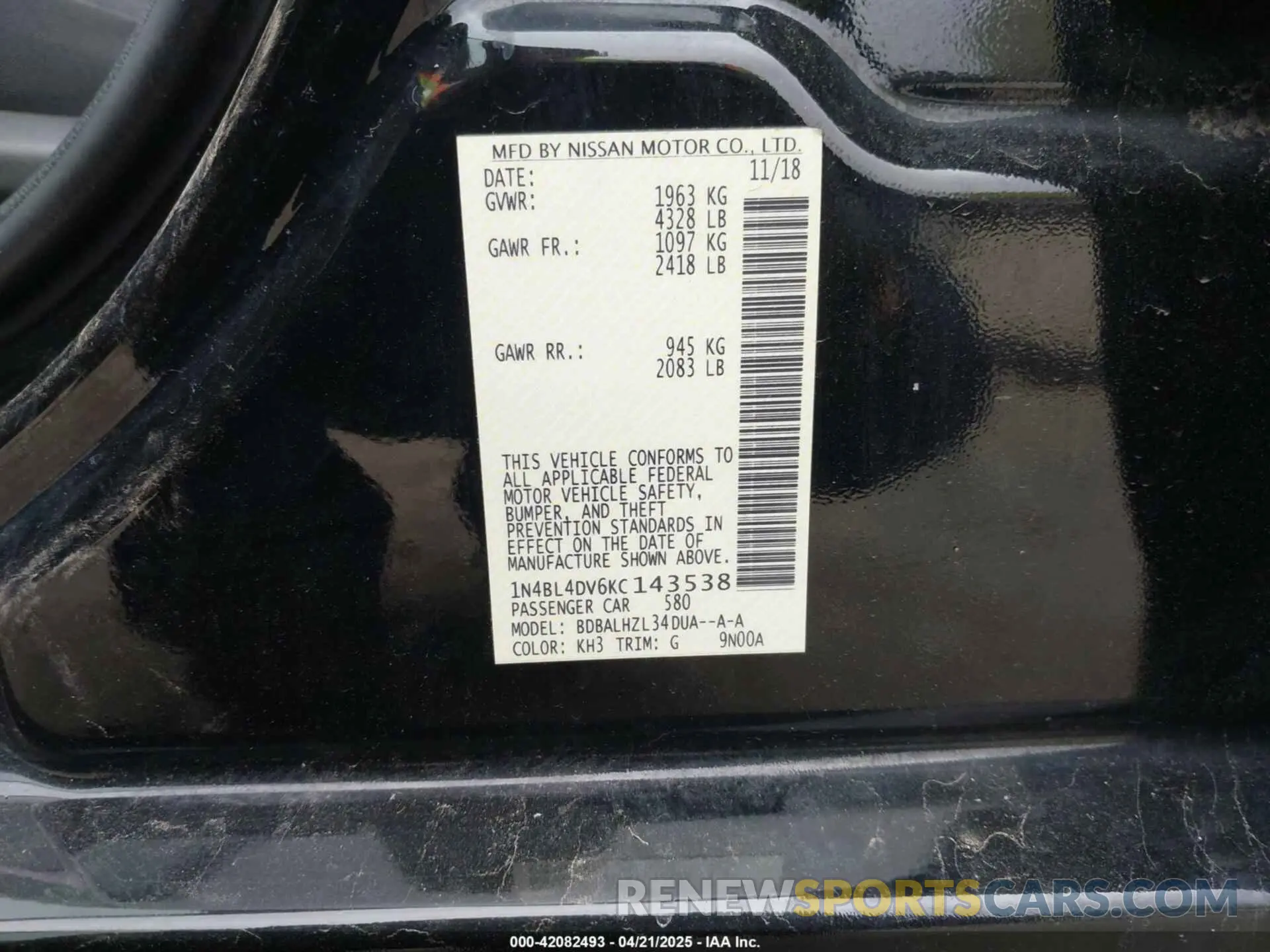 9 Фотография поврежденного автомобиля 1N4BL4DV6KC143538 NISSAN ALTIMA 2019