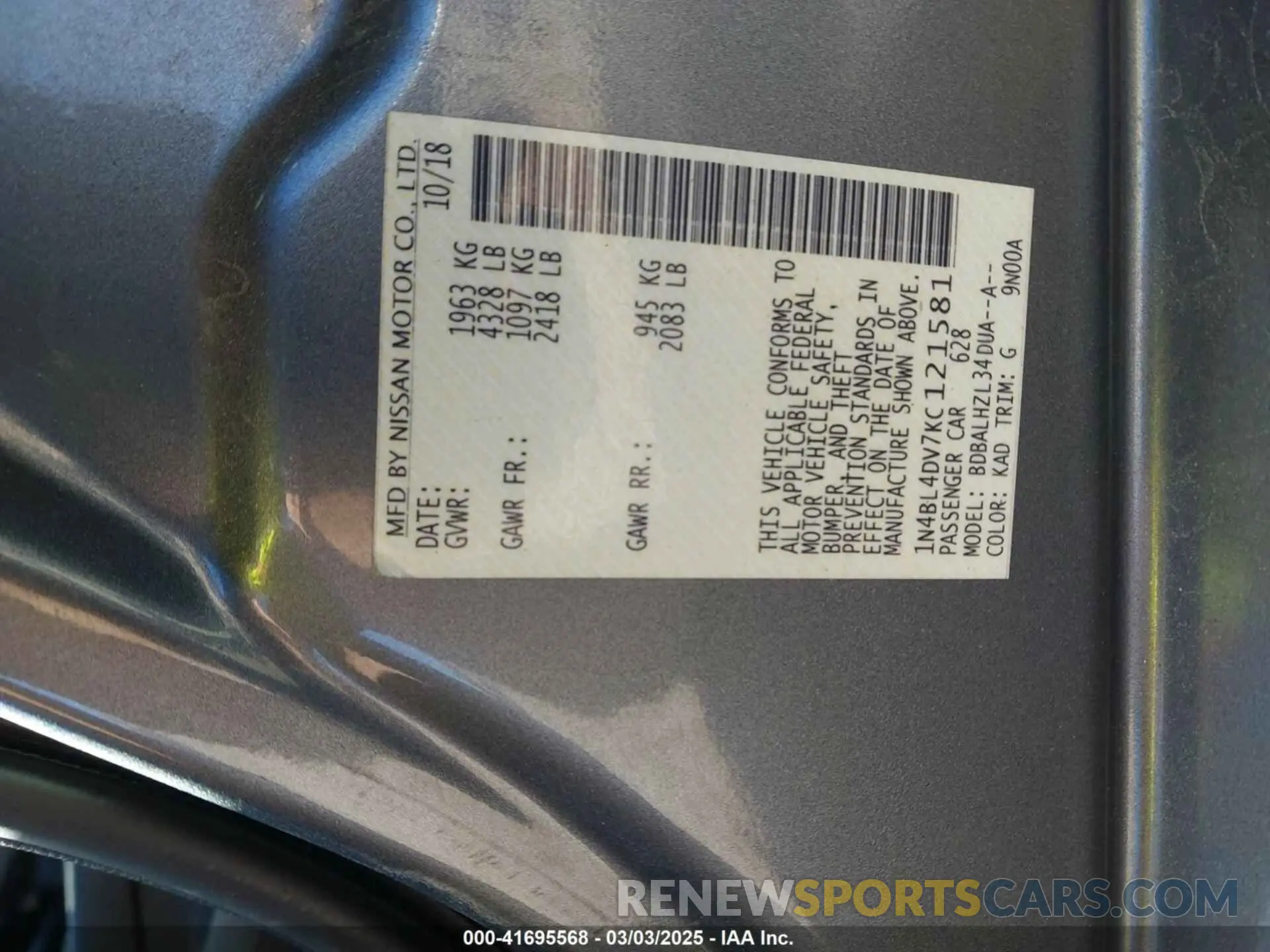 9 Photograph of a damaged car 1N4BL4DV7KC121581 NISSAN ALTIMA 2019