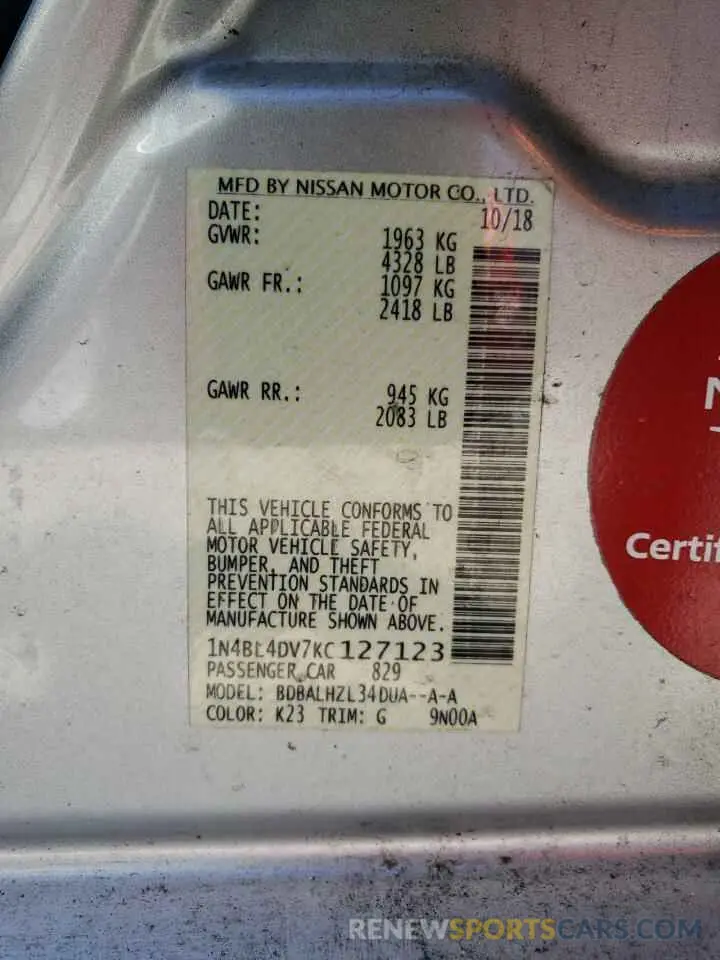 12 Photograph of a damaged car 1N4BL4DV7KC127123 NISSAN ALTIMA 2019