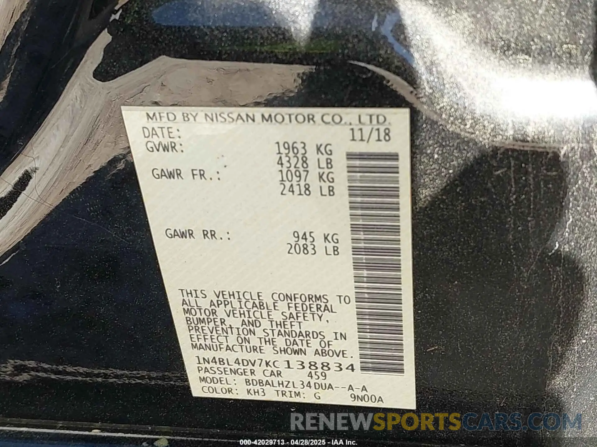 9 Photograph of a damaged car 1N4BL4DV7KC138834 NISSAN ALTIMA 2019