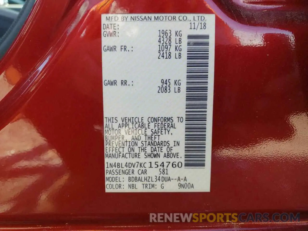 13 Фотография поврежденного автомобиля 1N4BL4DV7KC154760 NISSAN ALTIMA 2019