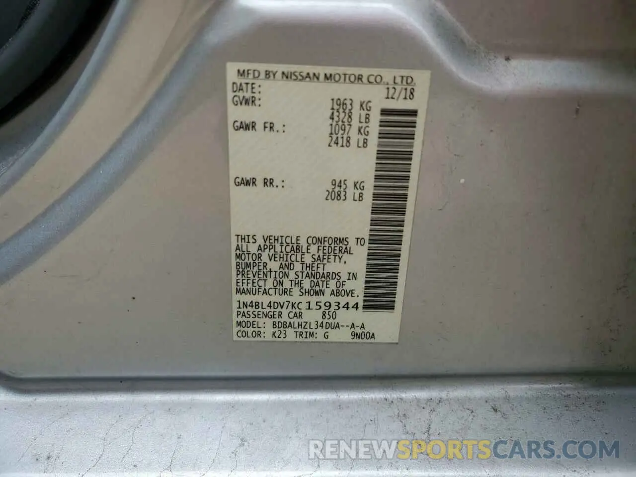 13 Photograph of a damaged car 1N4BL4DV7KC159344 NISSAN ALTIMA 2019