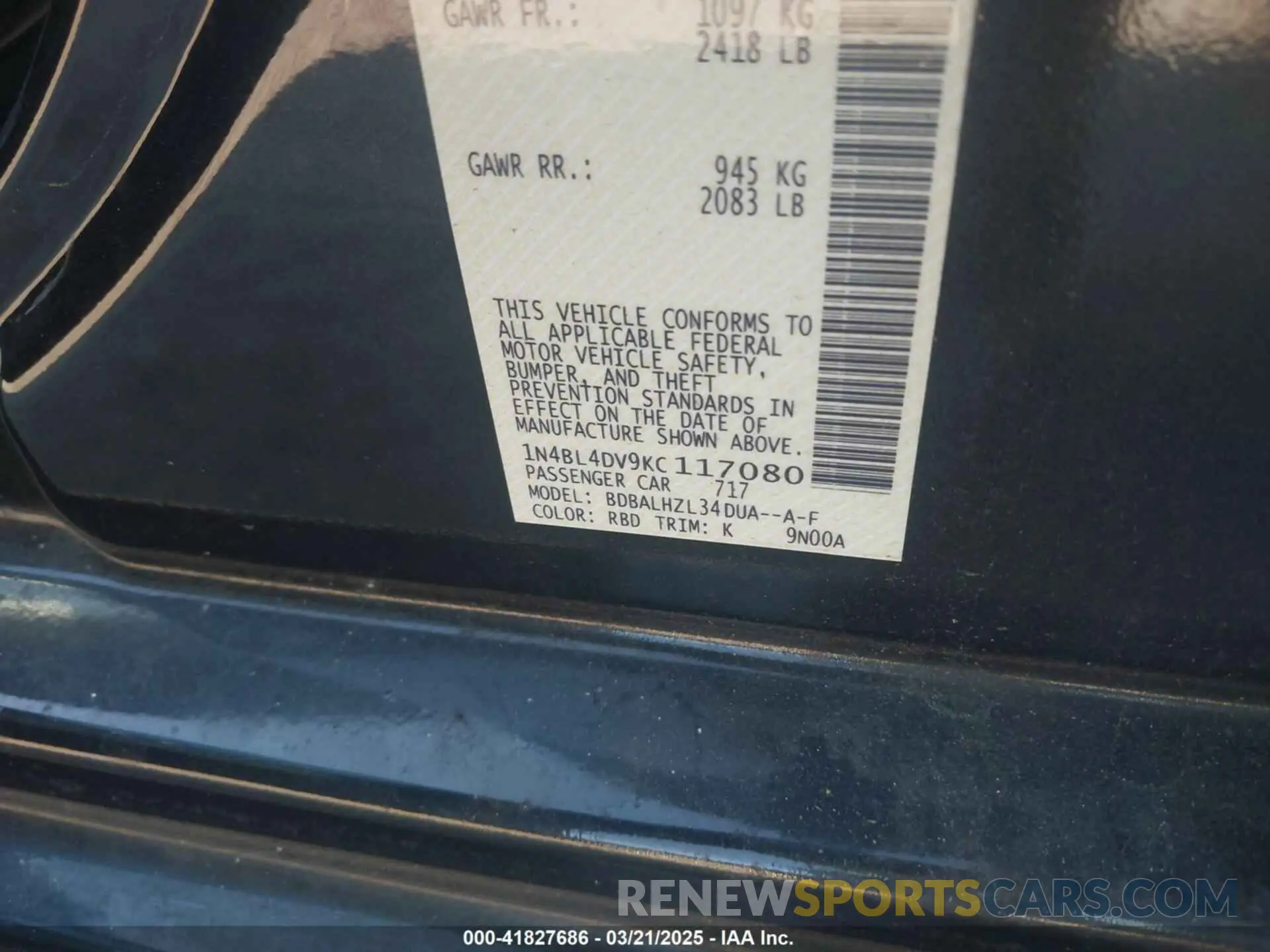9 Photograph of a damaged car 1N4BL4DV9KC117080 NISSAN ALTIMA 2019