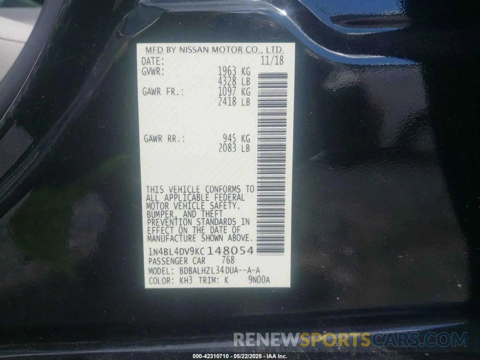 9 Фотография поврежденного автомобиля 1N4BL4DV9KC148054 NISSAN ALTIMA 2019
