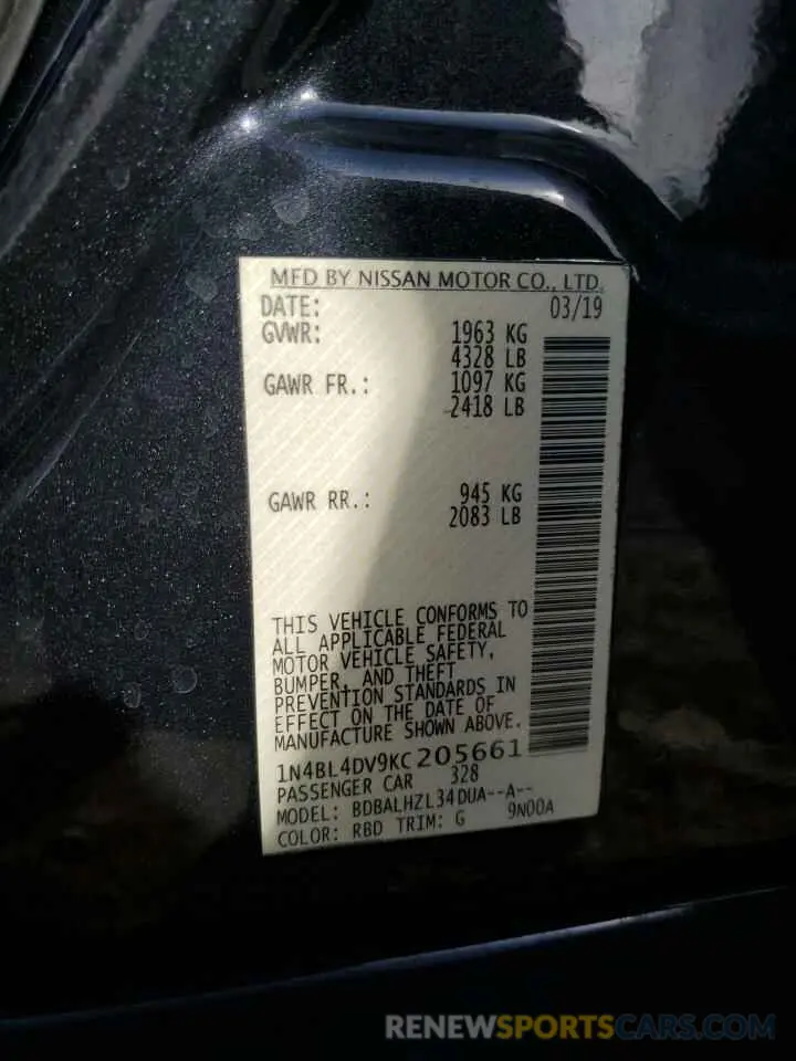13 Photograph of a damaged car 1N4BL4DV9KC205661 NISSAN ALTIMA 2019