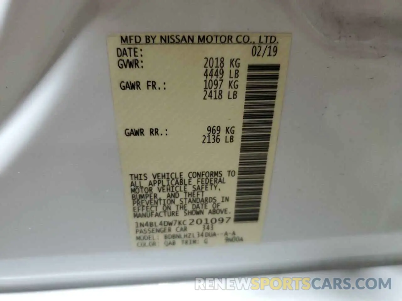 13 Photograph of a damaged car 1N4BL4DW7KC201097 NISSAN ALTIMA 2019