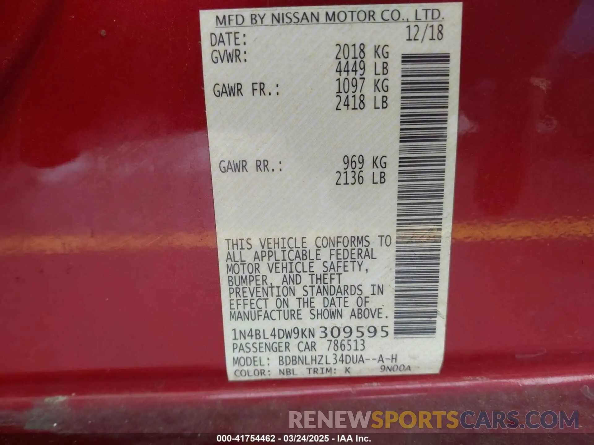 9 Photograph of a damaged car 1N4BL4DW9KN309595 NISSAN ALTIMA 2019