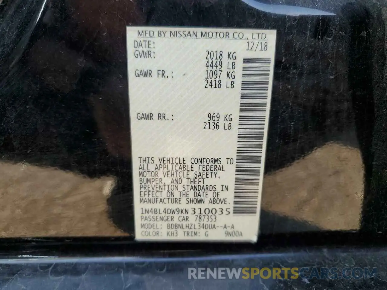 12 Photograph of a damaged car 1N4BL4DW9KN310035 NISSAN ALTIMA 2019