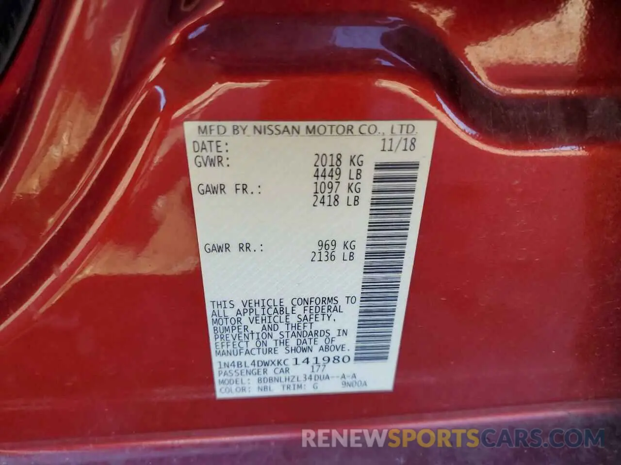 12 Photograph of a damaged car 1N4BL4DWXKC141980 NISSAN ALTIMA 2019