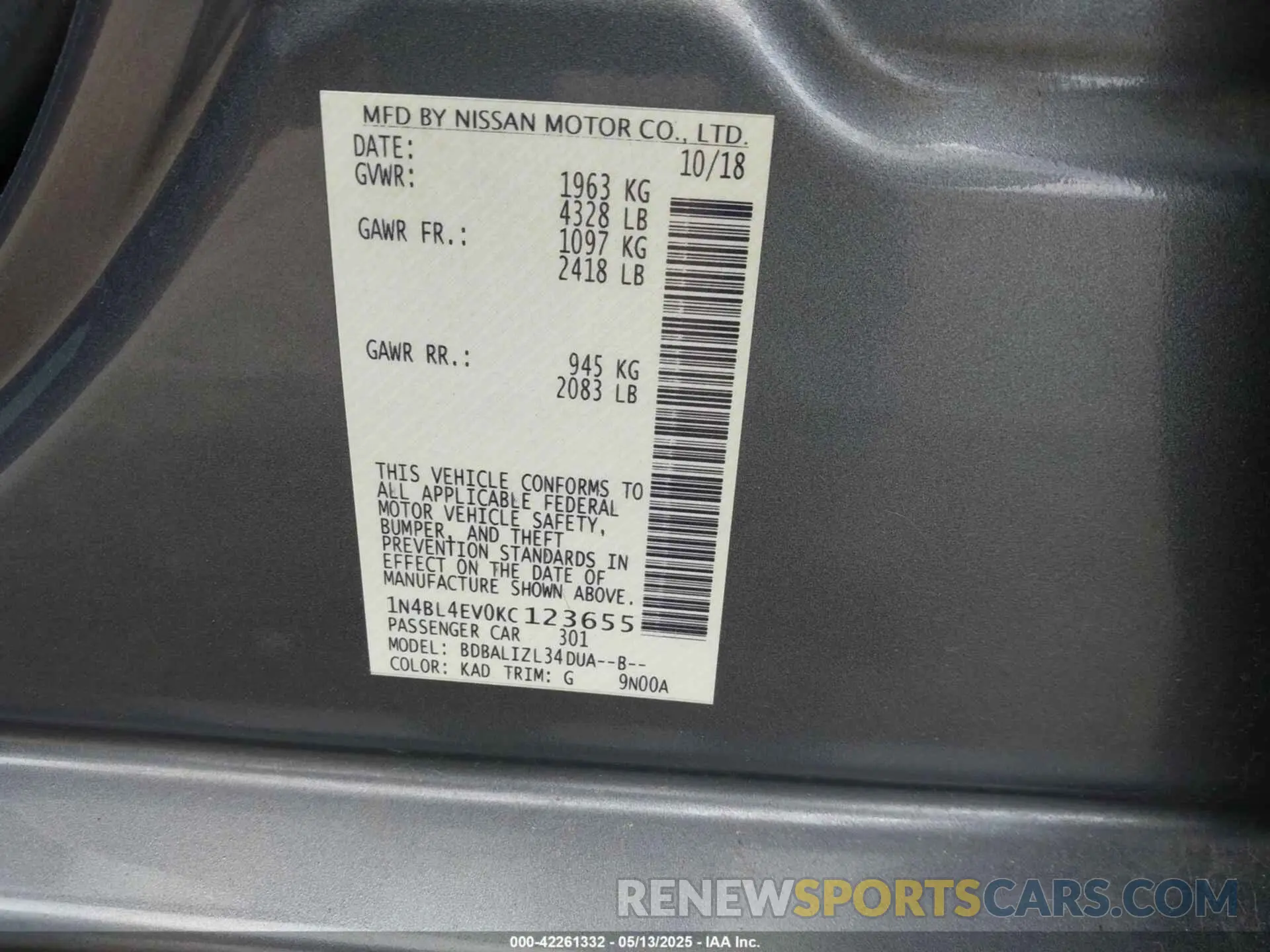 9 Фотография поврежденного автомобиля 1N4BL4EV0KC123655 NISSAN ALTIMA 2019