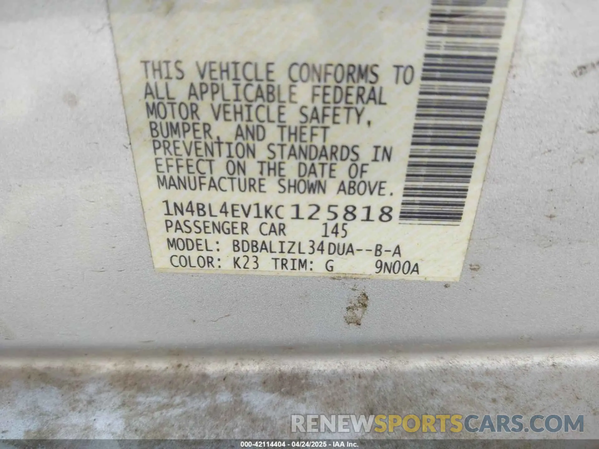 9 Фотография поврежденного автомобиля 1N4BL4EV1KC125818 NISSAN ALTIMA 2019