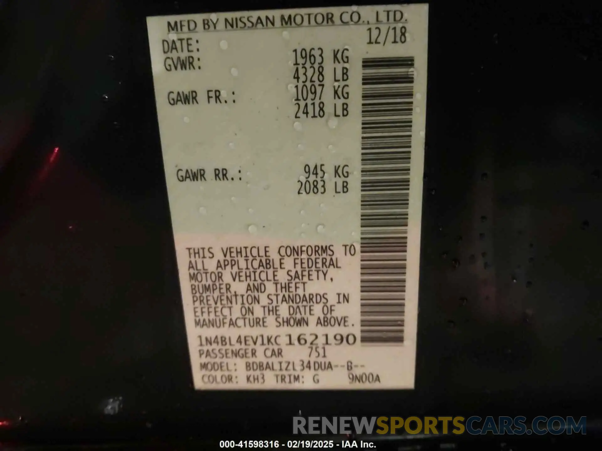9 Photograph of a damaged car 1N4BL4EV1KC162190 NISSAN ALTIMA 2019