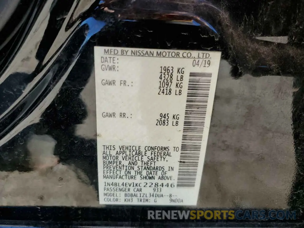 13 Photograph of a damaged car 1N4BL4EV1KC228446 NISSAN ALTIMA 2019
