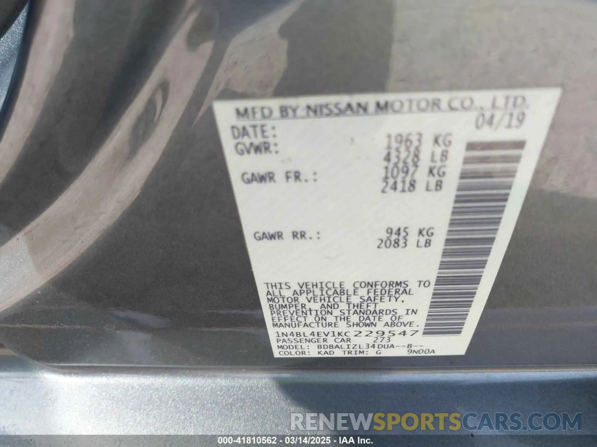 8 Фотография поврежденного автомобиля 1N4BL4EV1KC229547 NISSAN ALTIMA 2019