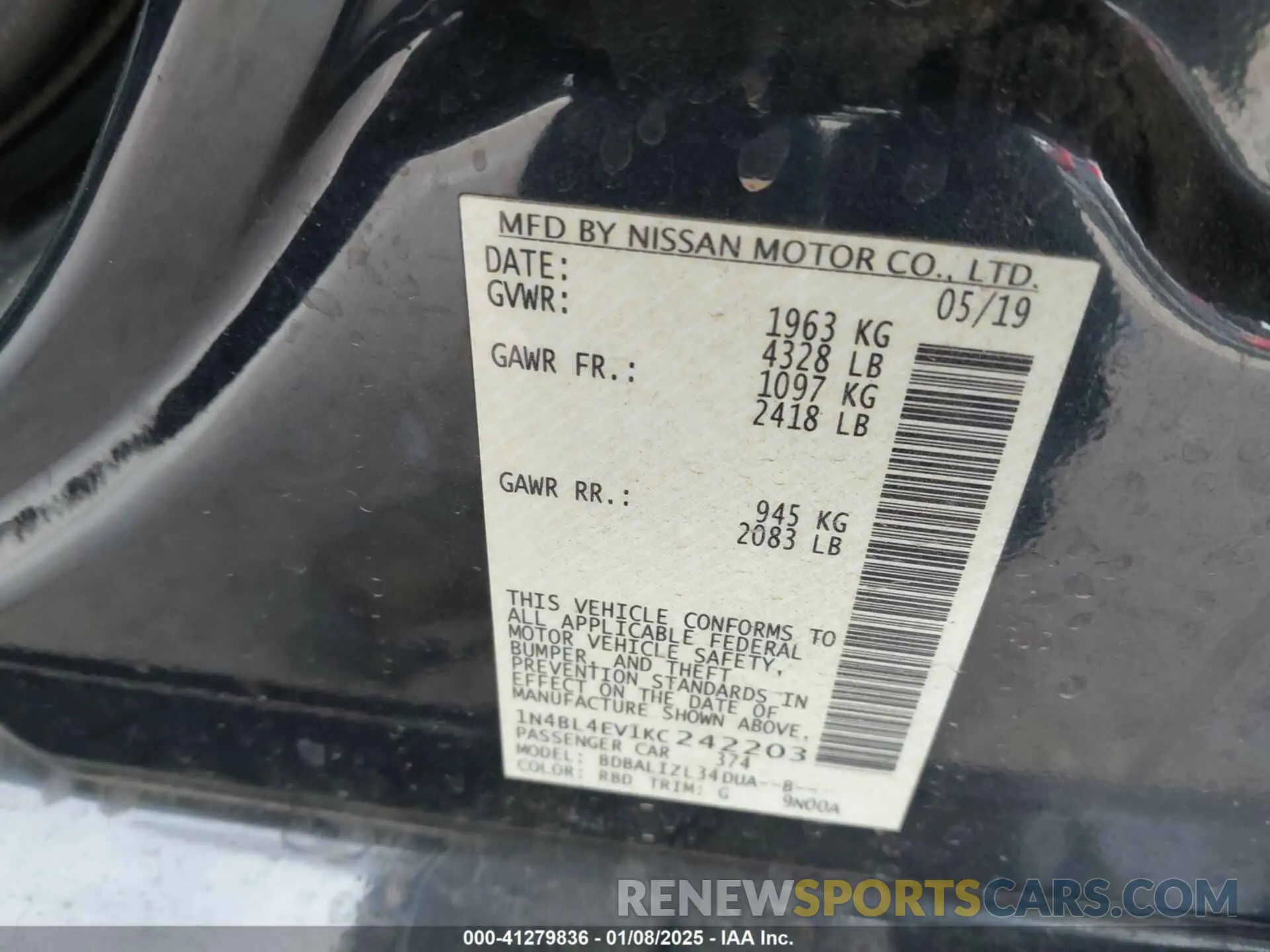 9 Фотография поврежденного автомобиля 1N4BL4EV1KC242203 NISSAN ALTIMA 2019