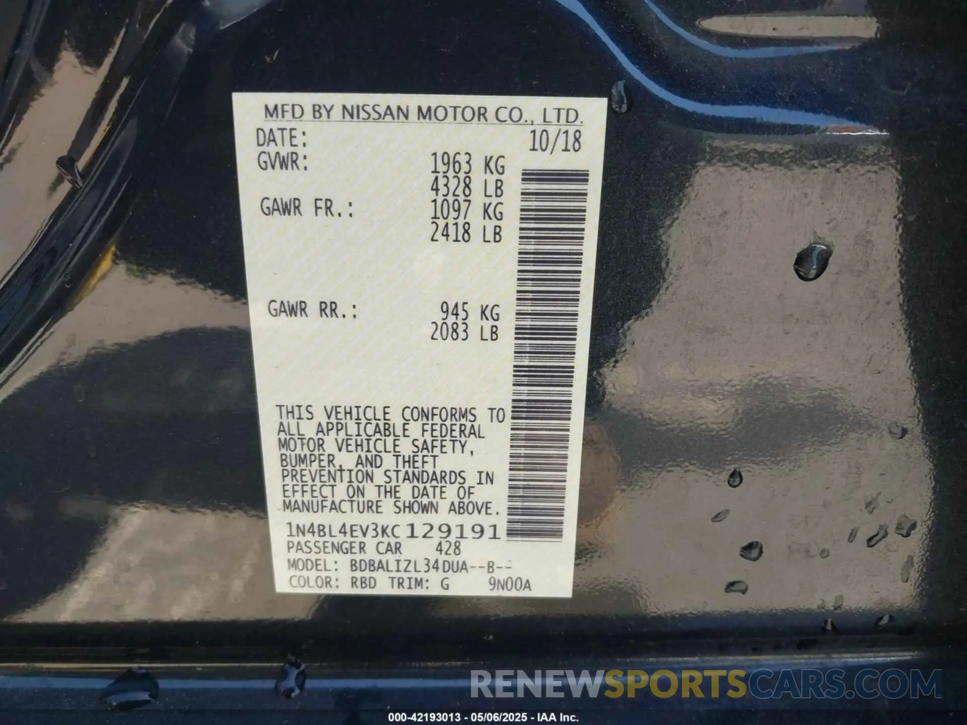 9 Photograph of a damaged car 1N4BL4EV3KC129191 NISSAN ALTIMA 2019