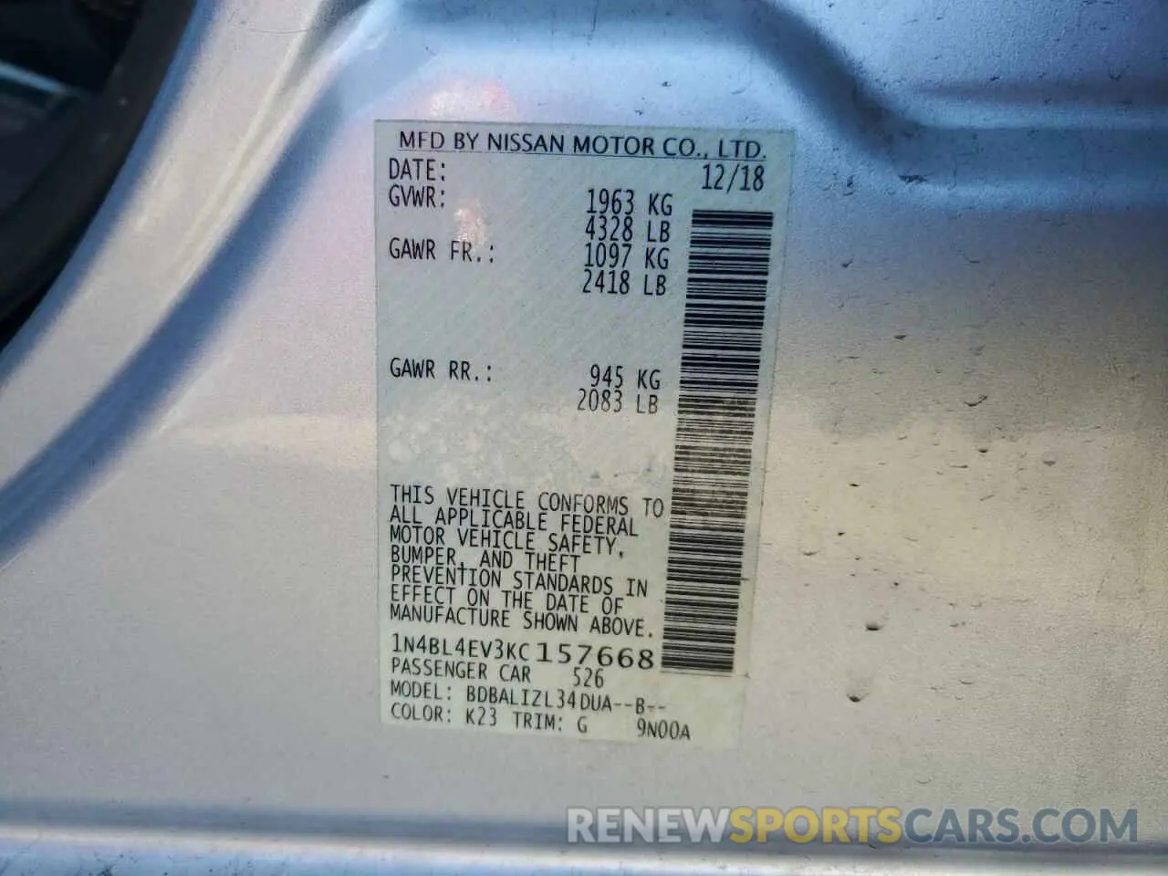 12 Photograph of a damaged car 1N4BL4EV3KC157668 NISSAN ALTIMA 2019