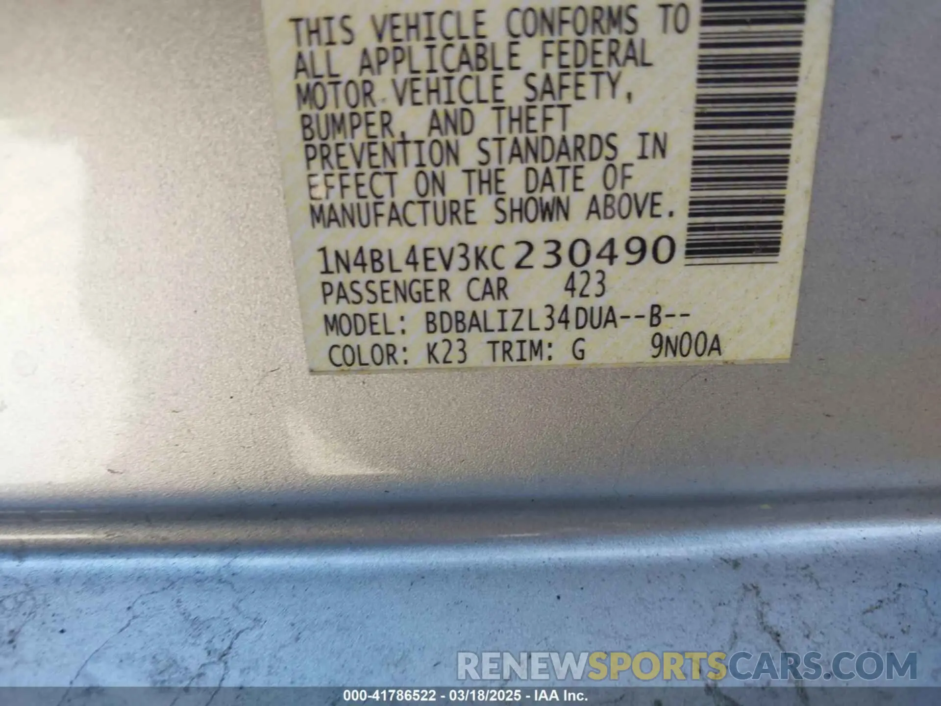 9 Photograph of a damaged car 1N4BL4EV3KC230490 NISSAN ALTIMA 2019