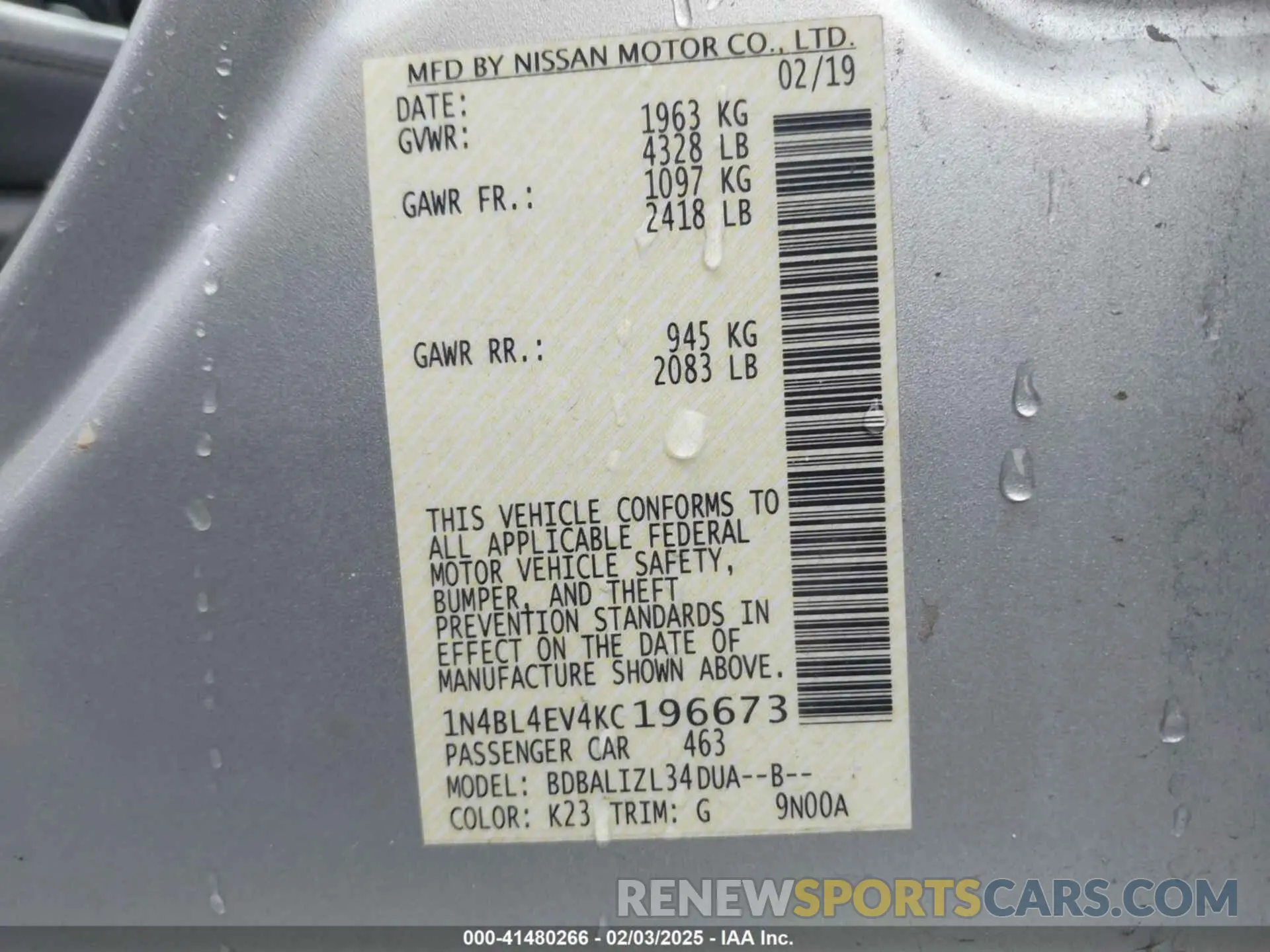 9 Photograph of a damaged car 1N4BL4EV4KC196673 NISSAN ALTIMA 2019