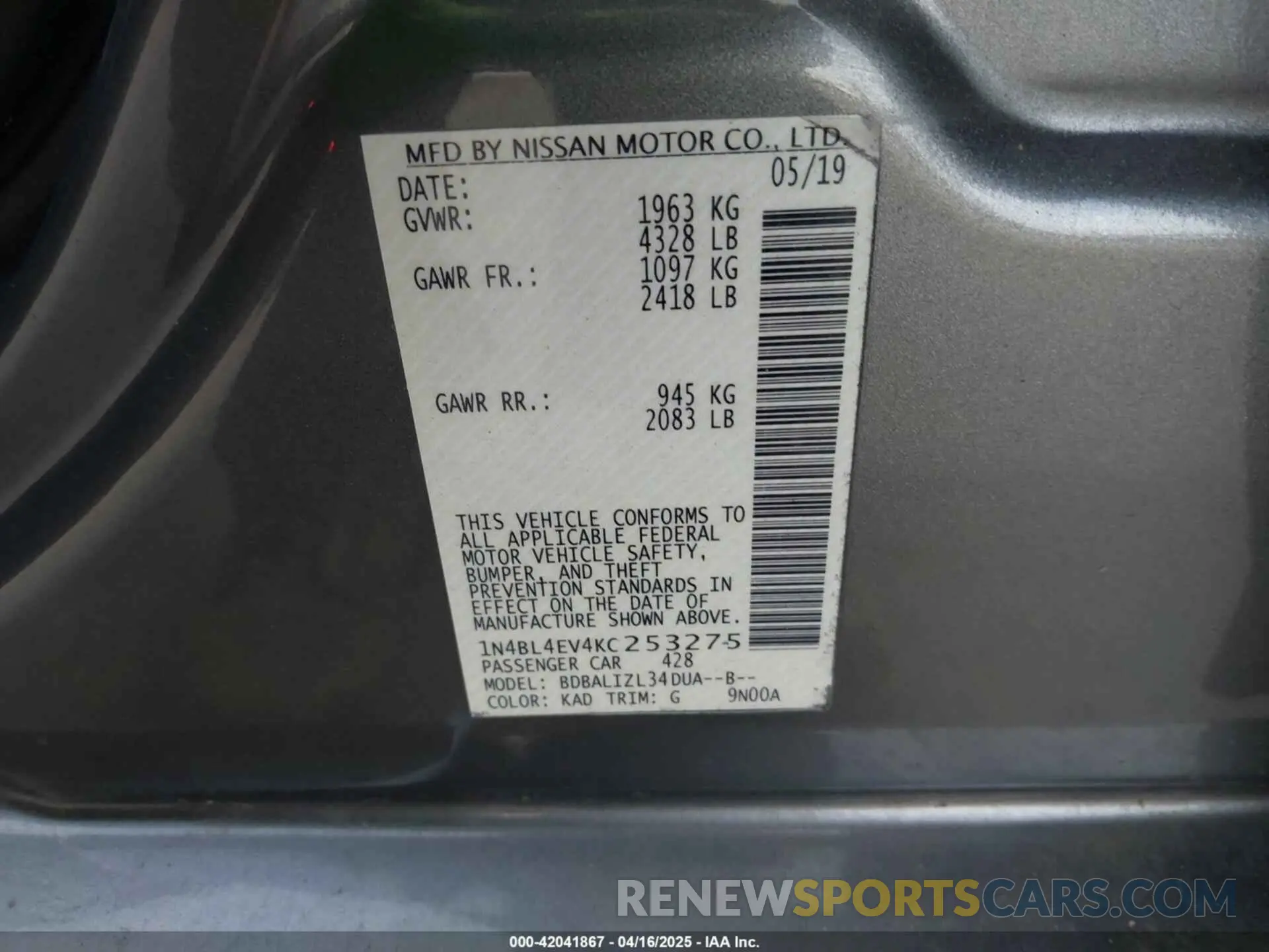 9 Фотография поврежденного автомобиля 1N4BL4EV4KC253275 NISSAN ALTIMA 2019