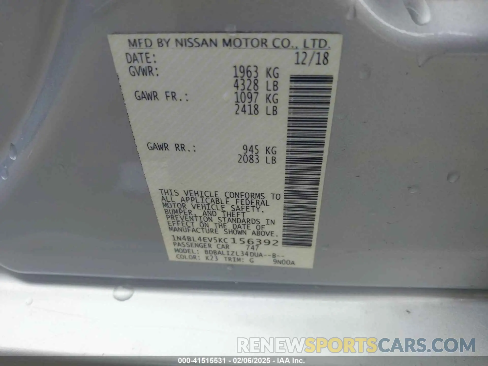 9 Photograph of a damaged car 1N4BL4EV5KC156392 NISSAN ALTIMA 2019