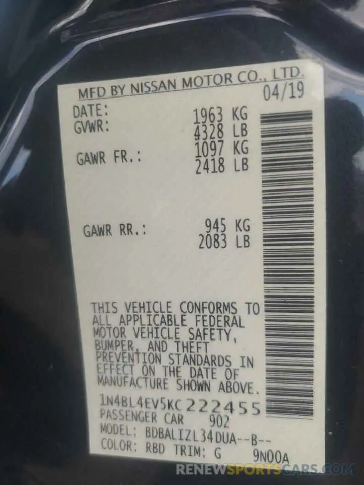15 Фотография поврежденного автомобиля 1N4BL4EV5KC222455 NISSAN ALTIMA 2019