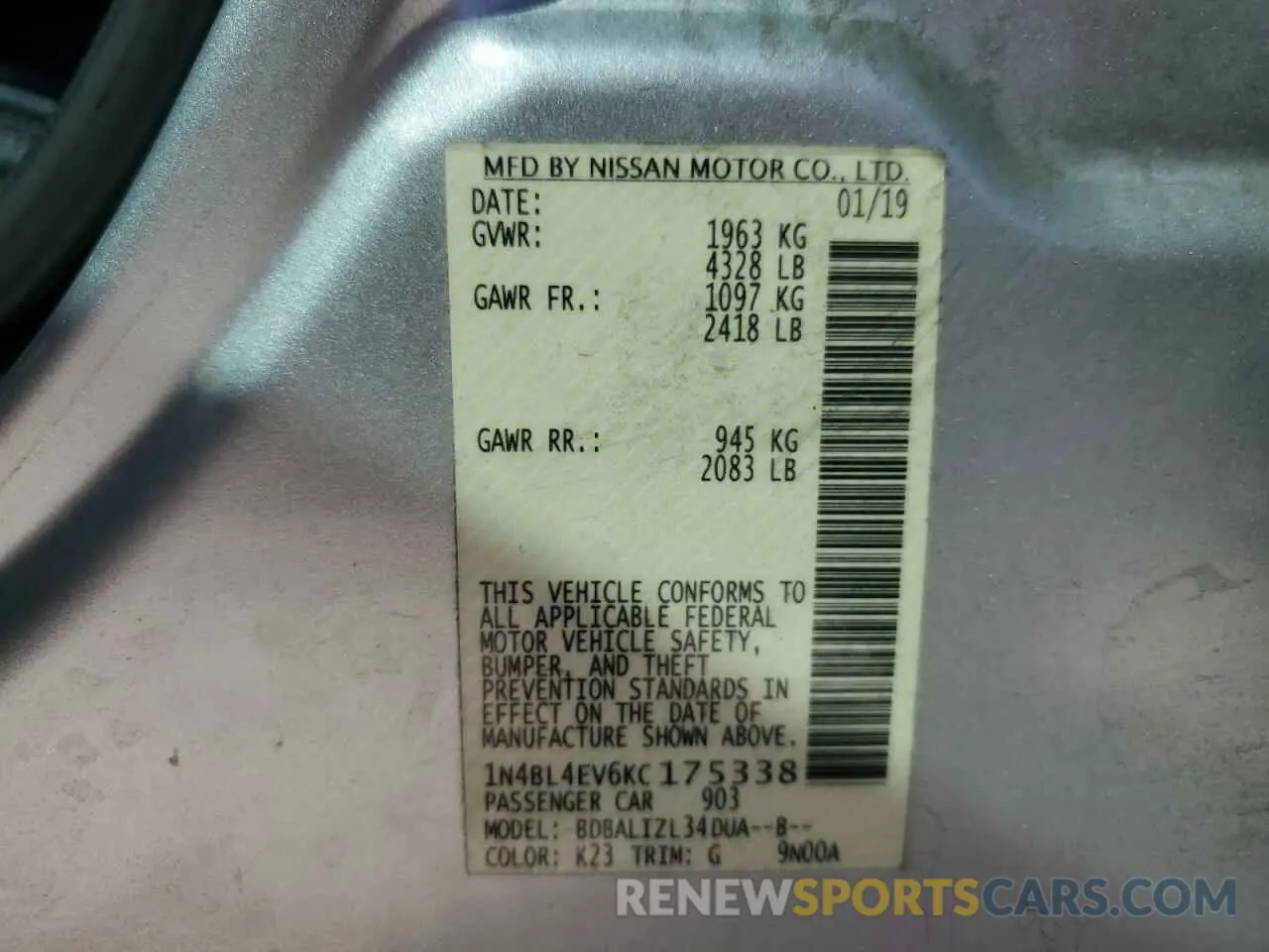 12 Photograph of a damaged car 1N4BL4EV6KC175338 NISSAN ALTIMA 2019