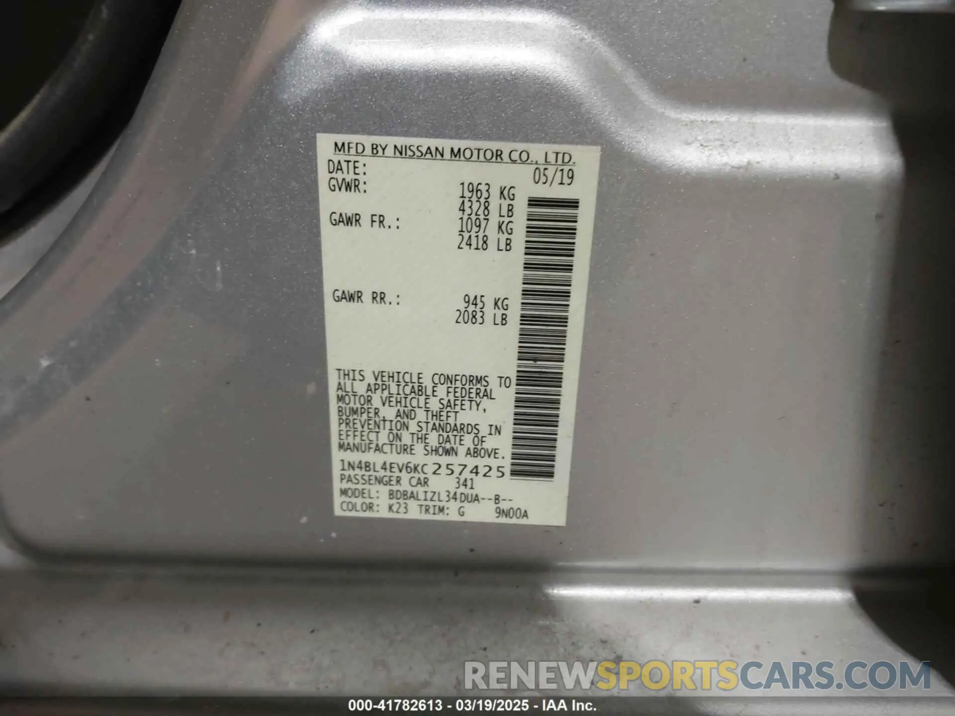 9 Фотография поврежденного автомобиля 1N4BL4EV6KC257425 NISSAN ALTIMA 2019