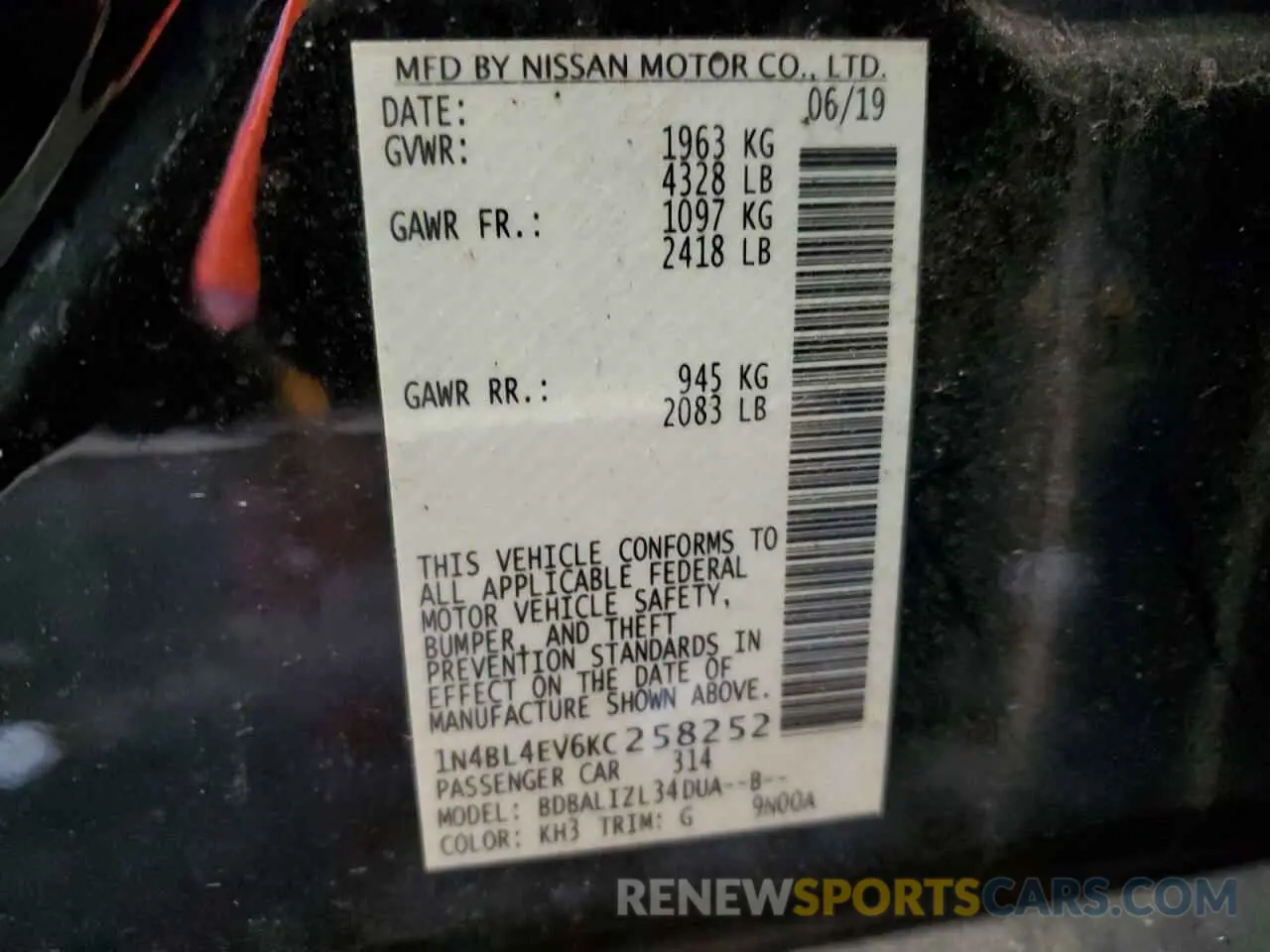 13 Photograph of a damaged car 1N4BL4EV6KC258252 NISSAN ALTIMA 2019