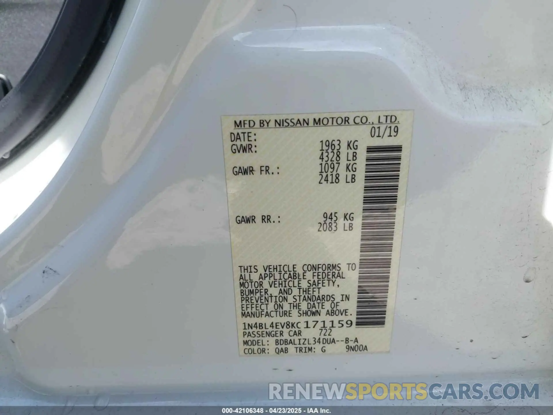 9 Photograph of a damaged car 1N4BL4EV8KC171159 NISSAN ALTIMA 2019