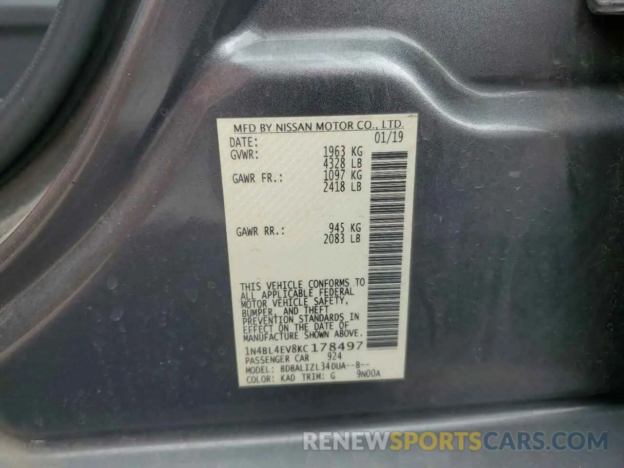 12 Photograph of a damaged car 1N4BL4EV8KC178497 NISSAN ALTIMA 2019