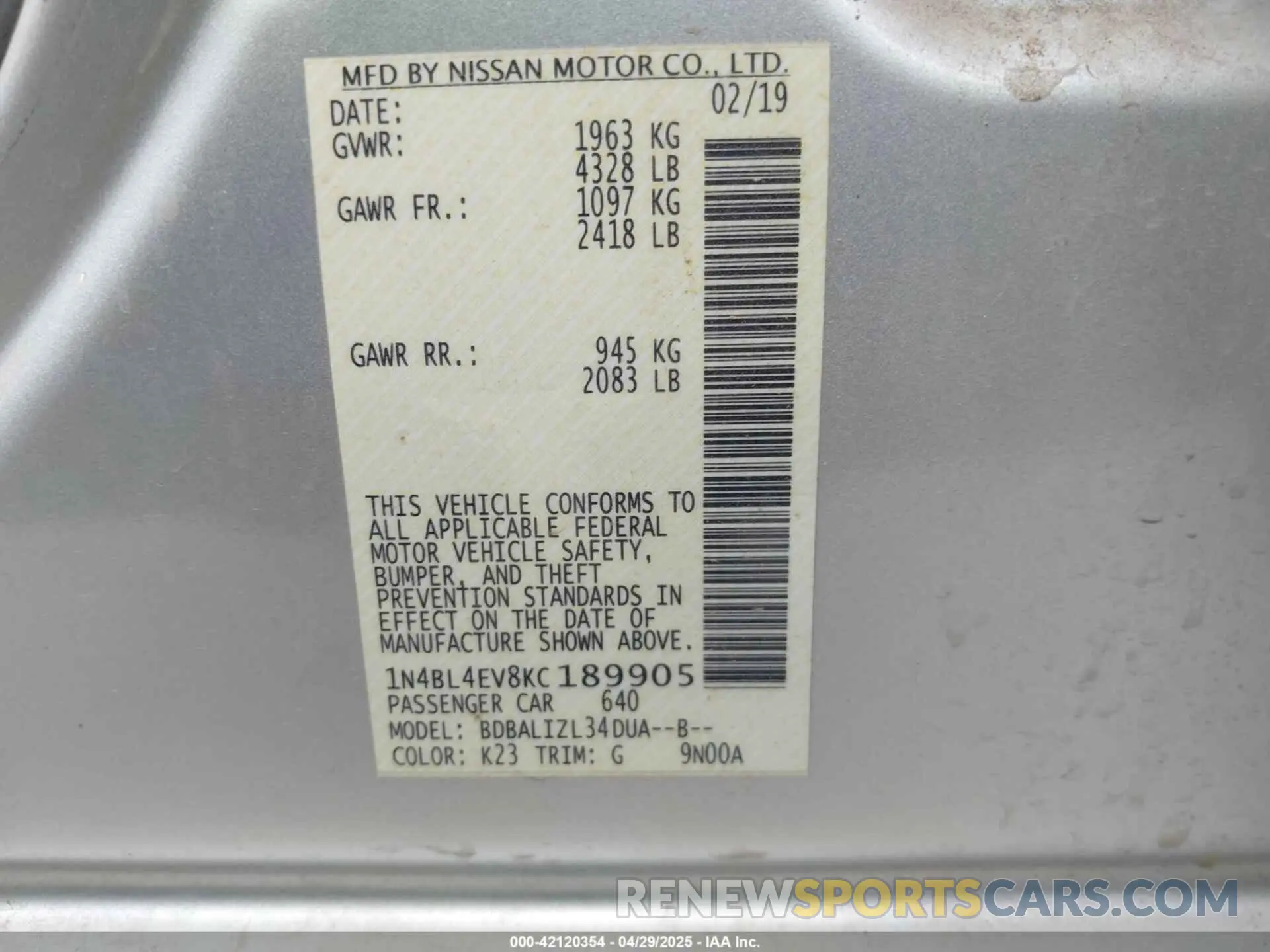 9 Photograph of a damaged car 1N4BL4EV8KC189905 NISSAN ALTIMA 2019