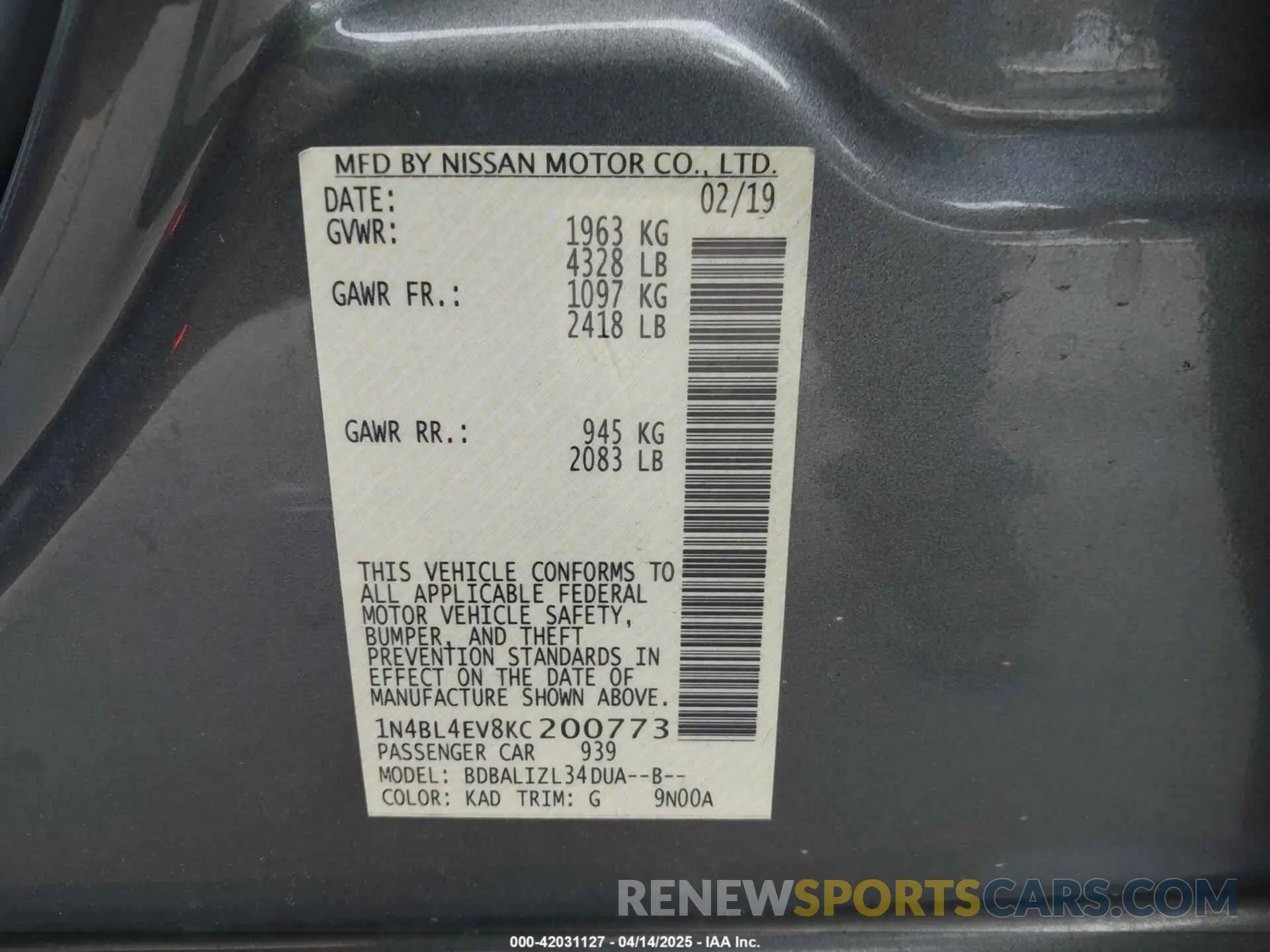 9 Photograph of a damaged car 1N4BL4EV8KC200773 NISSAN ALTIMA 2019