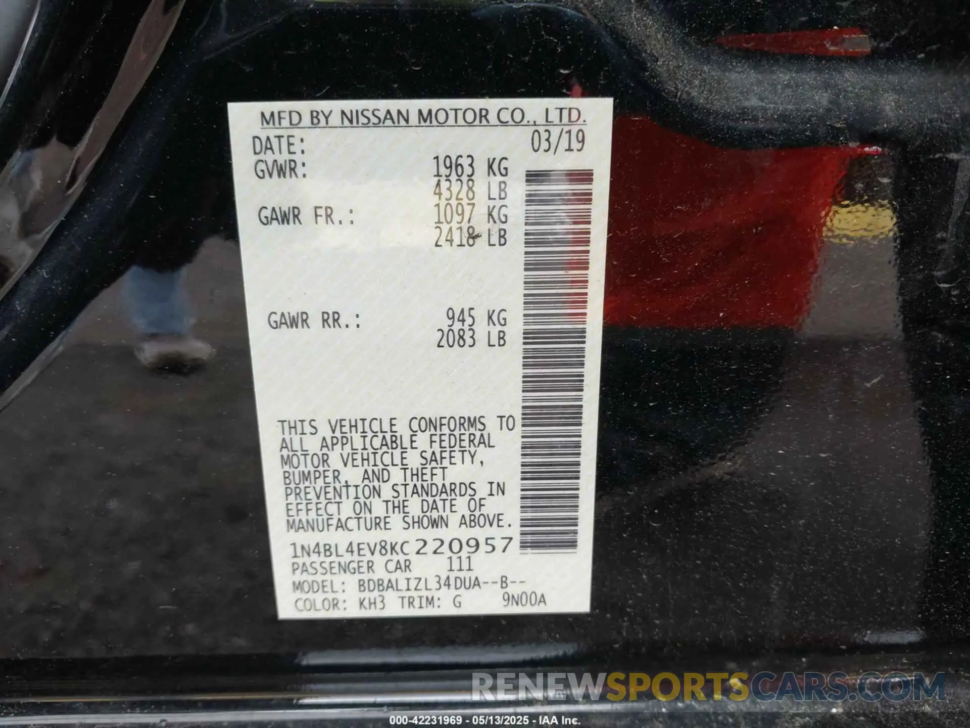 9 Photograph of a damaged car 1N4BL4EV8KC220957 NISSAN ALTIMA 2019