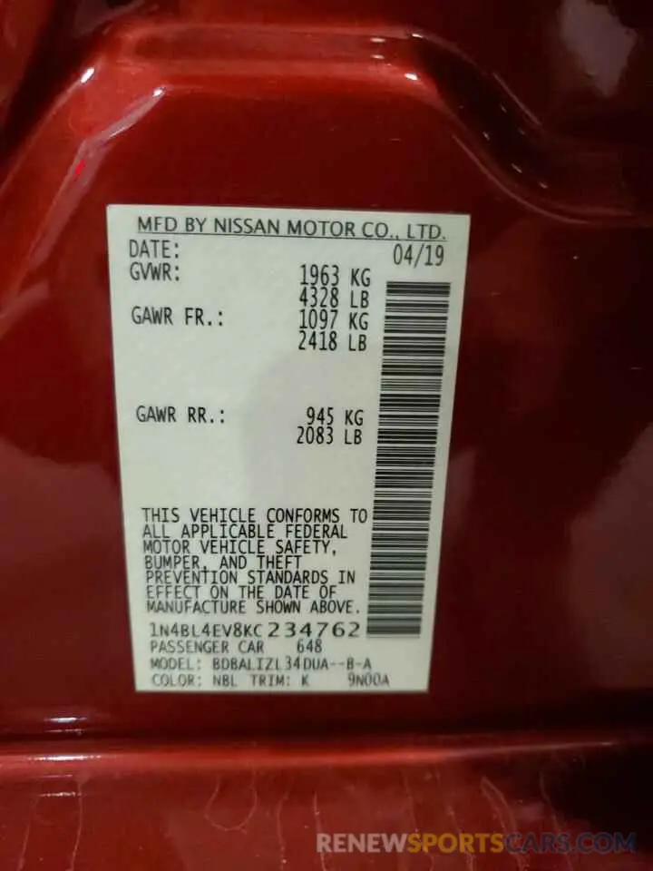 12 Фотография поврежденного автомобиля 1N4BL4EV8KC234762 NISSAN ALTIMA 2019