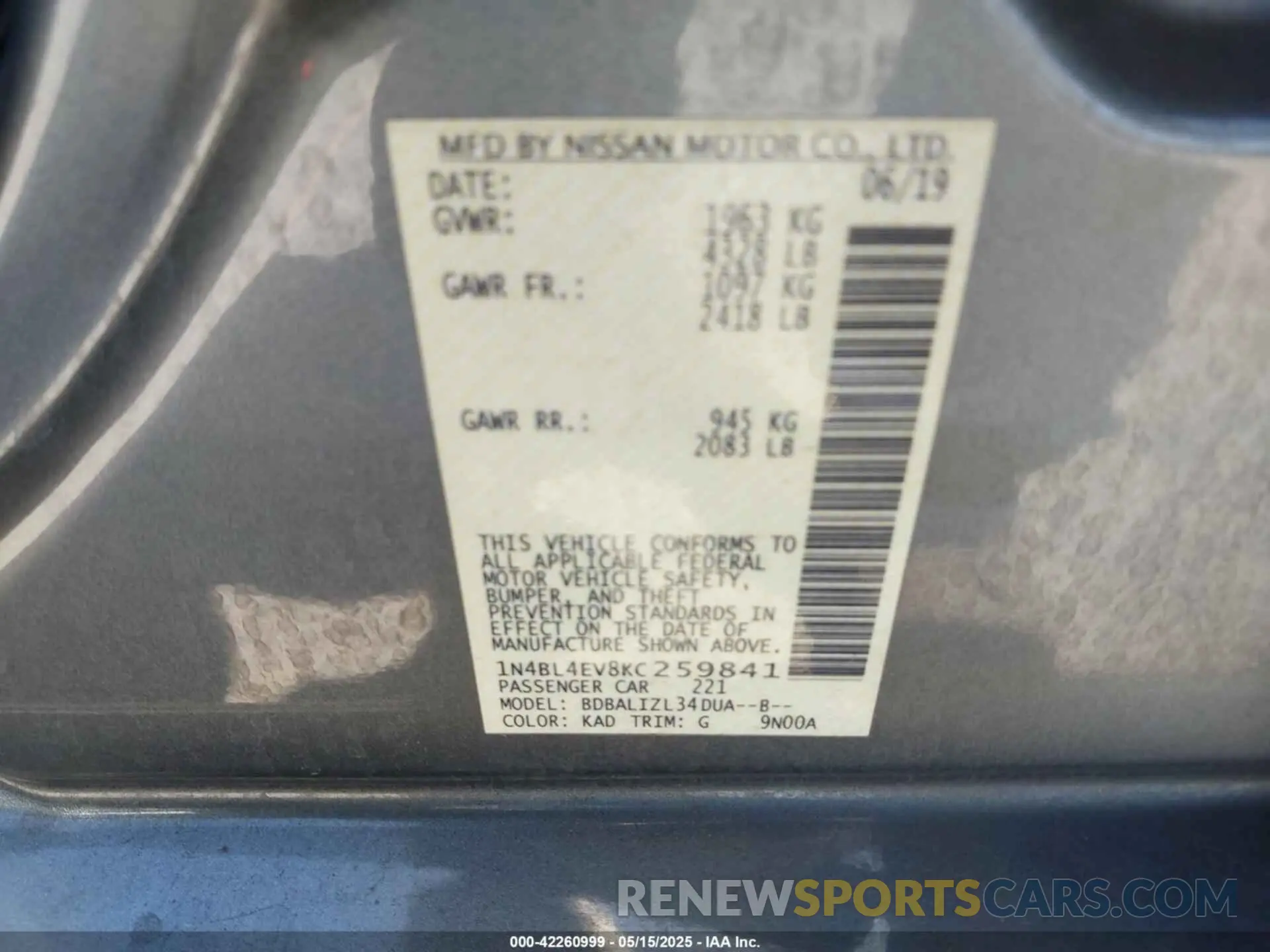 9 Фотография поврежденного автомобиля 1N4BL4EV8KC259841 NISSAN ALTIMA 2019